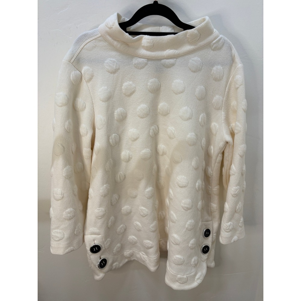 Ali Miles Cream Textured 3D Polka Dot Funnel Neck Button Tunic Top Large